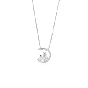 Women Exquisite Zircon Silver Chain Pendant Necklace With Cute Moon Cat Design
