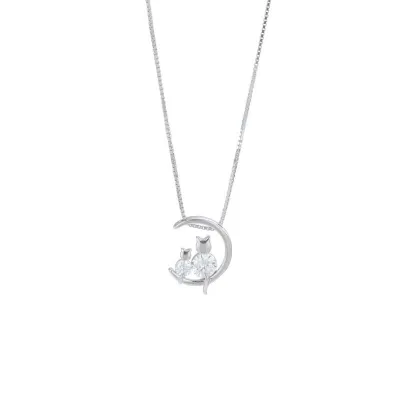Women Exquisite Zircon Silver Chain Pendant Necklace With Cute Moon Cat Design