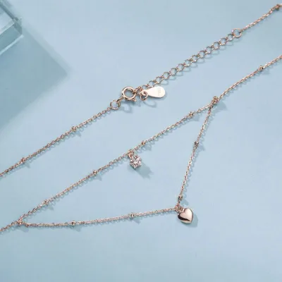 Simple Double Layer Silver Chain Women Elegant Heart Pendant Necklace