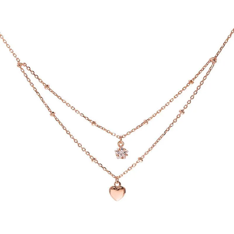 Simple Double Layer Silver Chain Women Elegant Heart Pendant Necklace