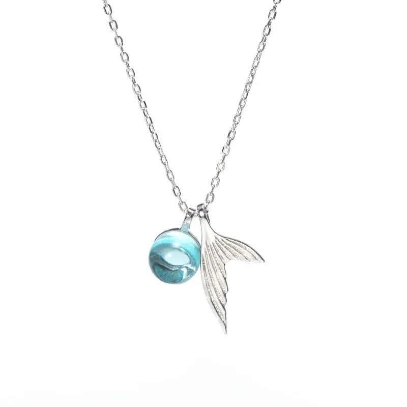 Fashion Unique Ocean Themed Fish-tail Aqua Ball Pendant Silver Necklace