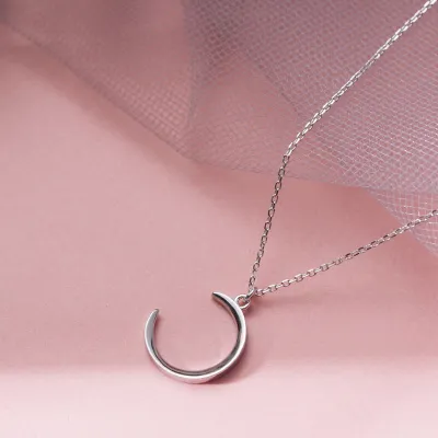 Simple Moon Pendant Sterling Silver Cross Chain Necklace for Women