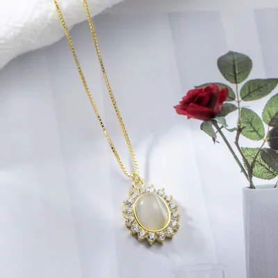 Vintage Pattern Women Unique Opal Stone Decor Silver Chain Necklace