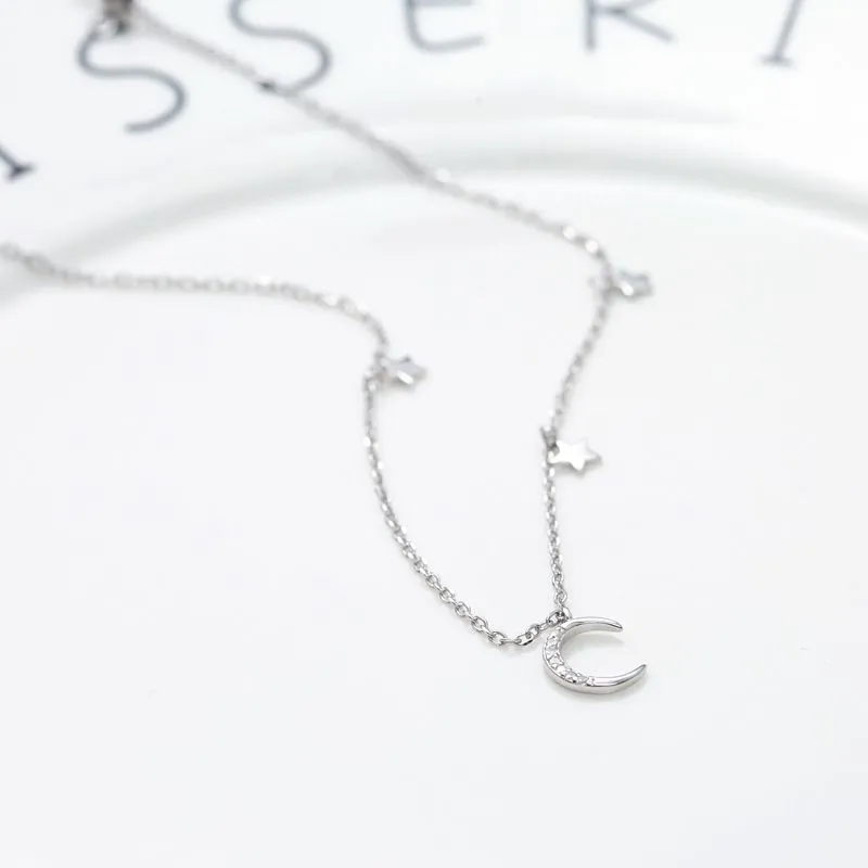Women Trendy Style Moon Star Pendant Zircon Decor Sterling Silver Necklace