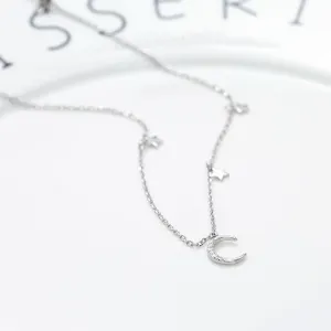 Women Trendy Style Moon Star Pendant Zircon Decor Sterling Silver Necklace