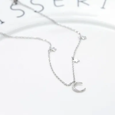 Women Trendy Style Moon Star Pendant Zircon Decor Sterling Silver Necklace