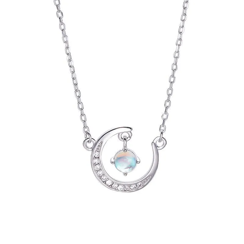 Young Women's Cute Moon Pendant Zircon Decor Sterling Silver Necklace