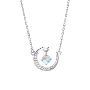 Young Women's Cute Moon Pendant Zircon Decor Sterling Silver Necklace