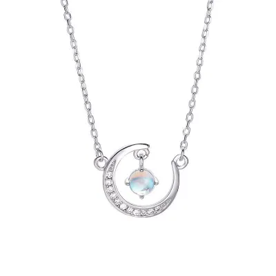 Young Women's Cute Moon Pendant Zircon Decor Sterling Silver Necklace