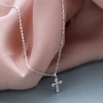 Simple Mini Cross Pendant Exquisite Zircon Decor Sterling Silver Necklace