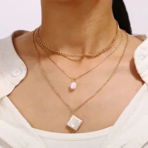 Vintage Concise Style Man-made Pearl Pendant Three-layer Unisex Necklace with Horse Whip Chain