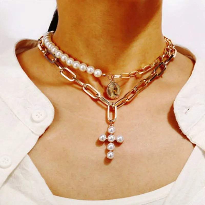 Pearl Cross Pendant Metal Chain Multilayer Necklace