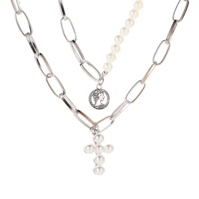 Pearl Cross Pendant Metal Chain Multilayer Necklace
