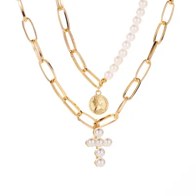 Pearl Cross Pendant Metal Chain Multilayer Necklace