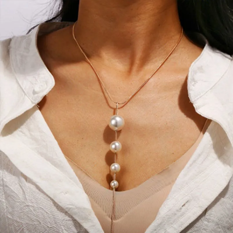 Creative Concise Style Long Man-made Pearl Pendant Women Necklace