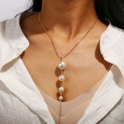 Creative Concise Style Long Man-made Pearl Pendant Women Necklace