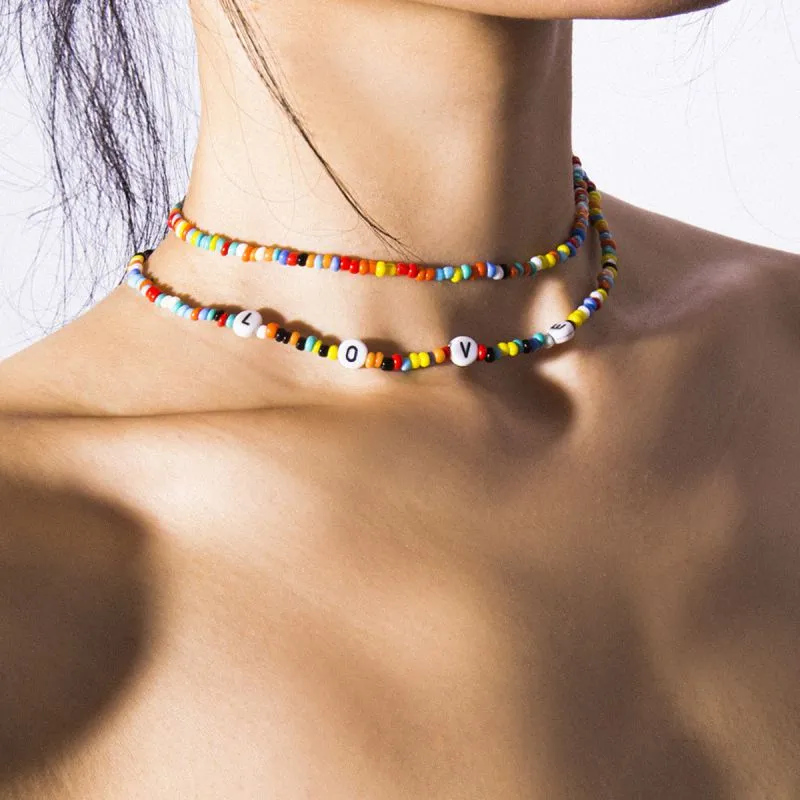 Simple Multicolor Beaded Letter Ball Chain Pendant Necklace for Women Handmade Alloy