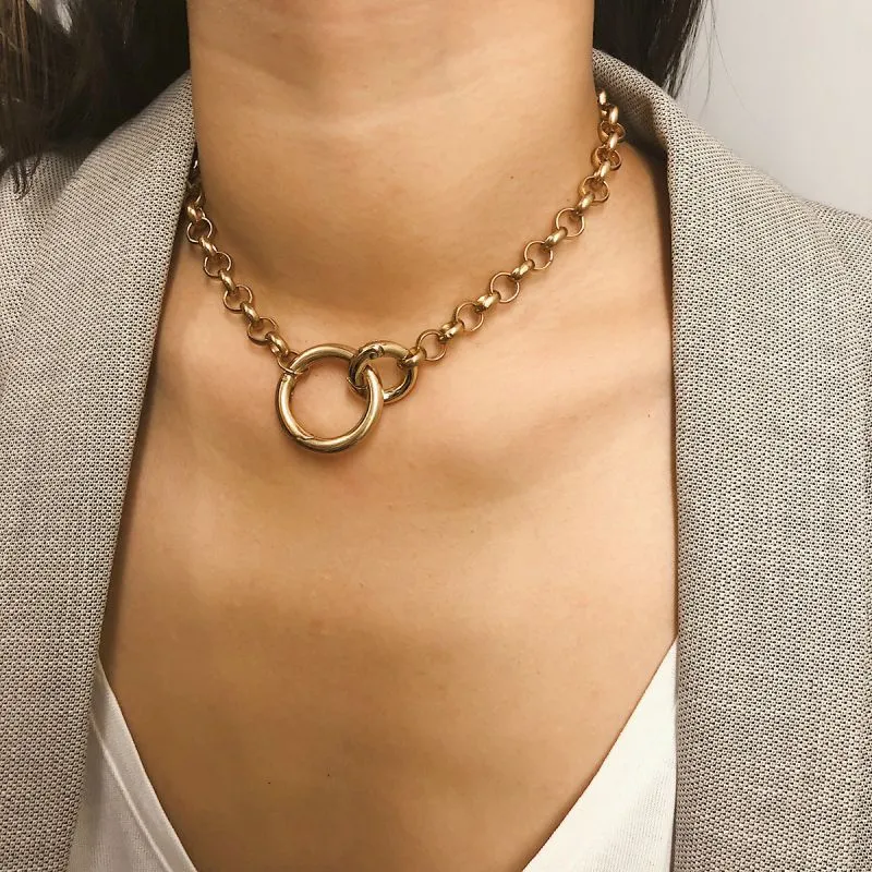Simple Iron Ring Buckle Charm Pendant Necklace 39.5cm