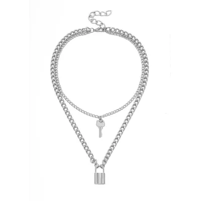 Creative Key Lock Pendant Geometric Double-layer Alloy Necklace for Women
