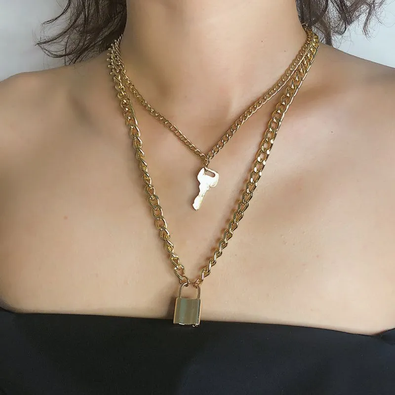 Creative Key Lock Pendant Geometric Double-layer Alloy Necklace for Women