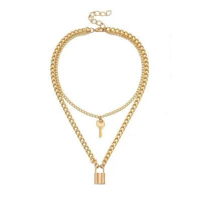 Creative Key Lock Pendant Geometric Double-layer Alloy Necklace for Women