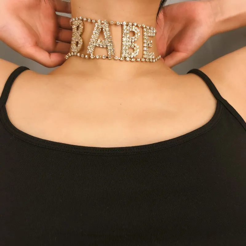 Shiny Rhinestone Hollow BABE Pattern Choker Necklace for Women Alloy Diamond Claw Chain