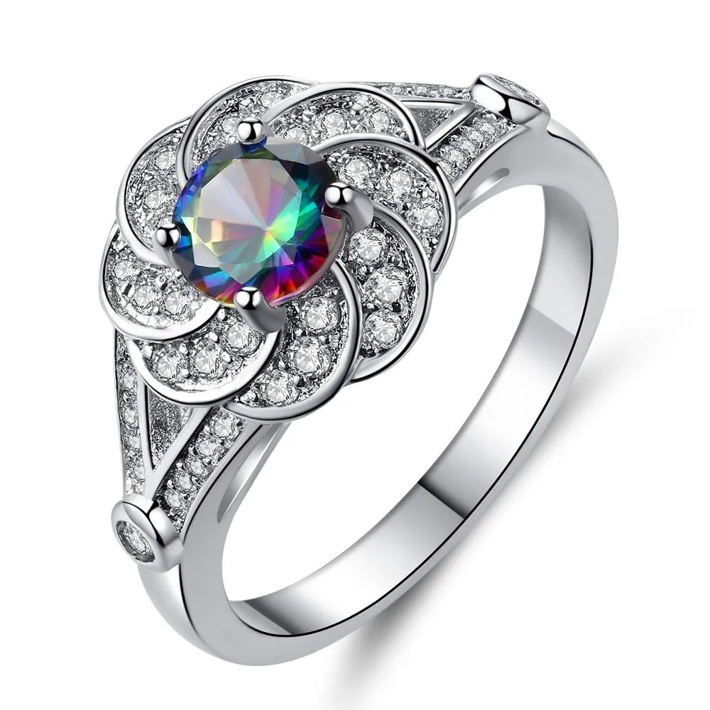 Fashion Lady Multicolor Zircon Crystal Flower Shape Brass Ring