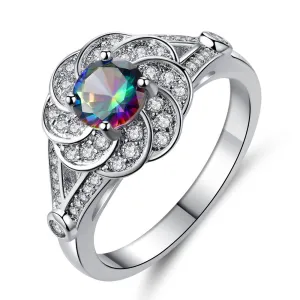Fashion Lady Multicolor Zircon Crystal Flower Shape Brass Ring