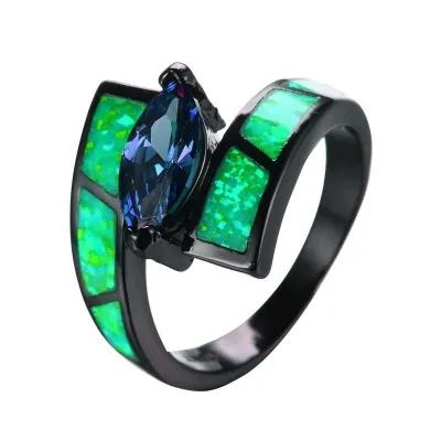 Unique Black Color Painting Design Women Teardrop Shaped Gemstone Ring