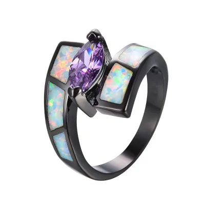 Unique Black Color Painting Design Women Teardrop Shaped Gemstone Ring