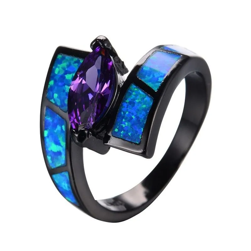 Unique Black Color Painting Design Women Teardrop Shaped Gemstone Ring