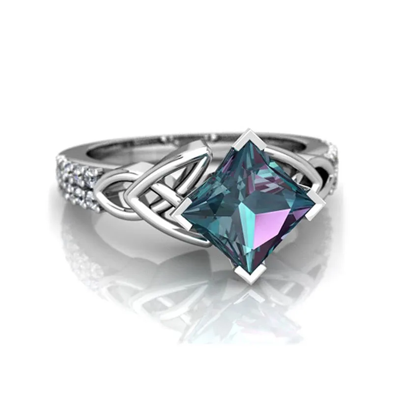 Creative Square Shape Multicolor Gemstone Women Carving Design Ring