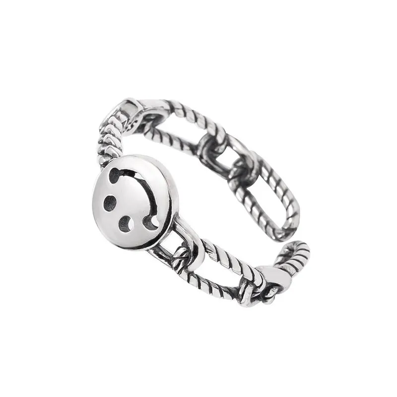 Vintage Style Unique Hollow Chain Smiling Face Design Sterling Silver Ring