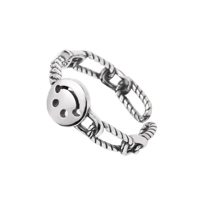 Vintage Style Unique Hollow Chain Smiling Face Design Sterling Silver Ring
