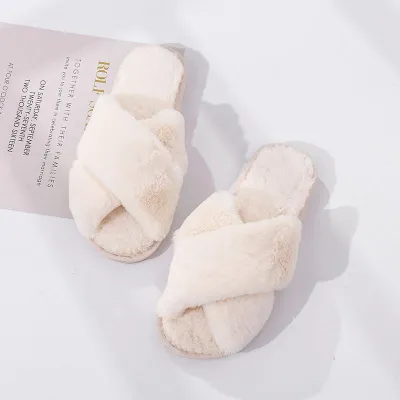 Size 5-10 Cross Strap Open Toe Thickening Plush House Slippers Shoes