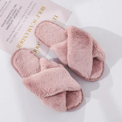 Size 5-10 Cross Strap Open Toe Thickening Plush House Slippers Shoes