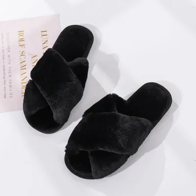 Size 5-10 Cross Strap Open Toe Thickening Plush House Slippers Shoes