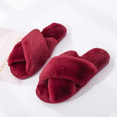 Size 5-10 Cross Strap Open Toe Thickening Plush House Slippers Shoes