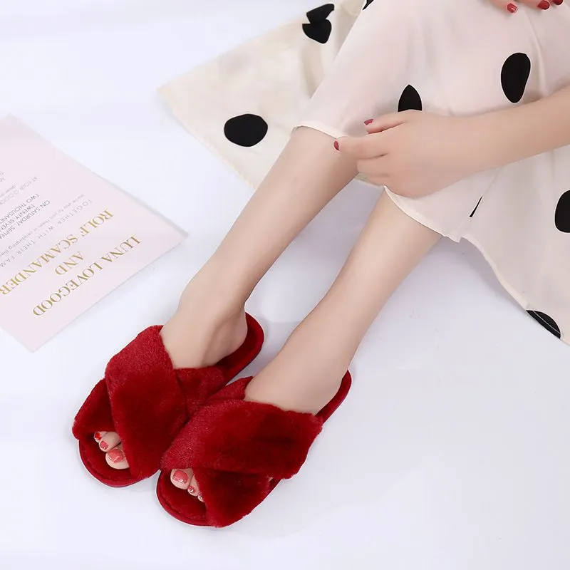 Size 5-10 Cross Strap Open Toe Thickening Plush House Slippers Shoes