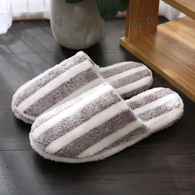 Size 4.5-12 Simple Stripe Print Women Warm Thicken Cotton Indoor Slippers Shoes