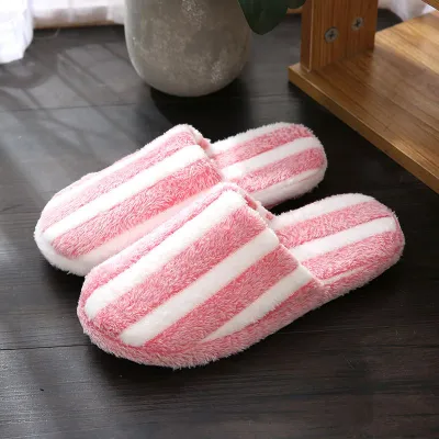 Size 4.5-12 Simple Stripe Print Women Warm Thicken Cotton Indoor Slippers Shoes