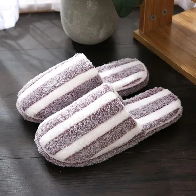 Size 4.5-12 Simple Stripe Print Women Warm Thicken Cotton Indoor Slippers Shoes