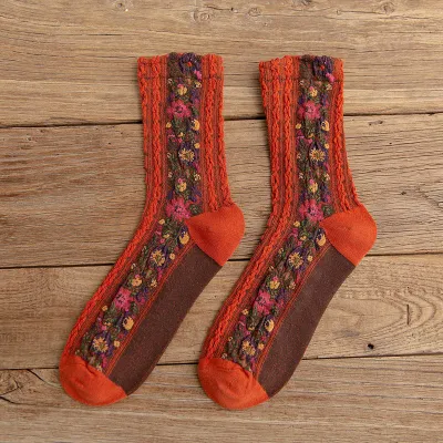 Fashion Retro Flower Pattern Color Blocking Mid-Calf Cotton Socks for Women