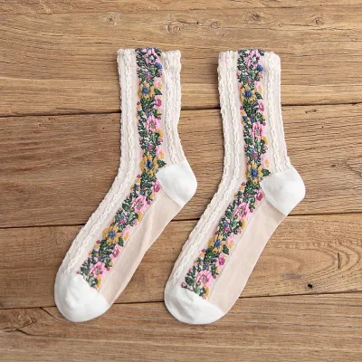 Fashion Retro Flower Pattern Color Blocking Mid-Calf Cotton Socks for Women