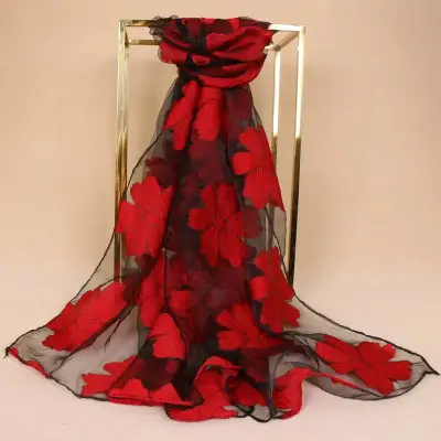 Fashion See-through Organza Flower Print Women Scarf 180*70cm