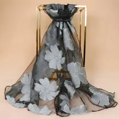 Fashion See-through Organza Flower Print Women Scarf 180*70cm