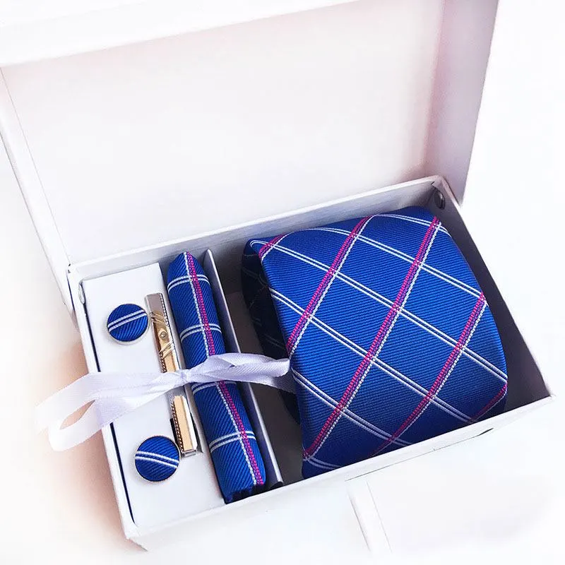 Men's Good Quality Jacquard Weave Plaid Pattern Business Tie Gift Set