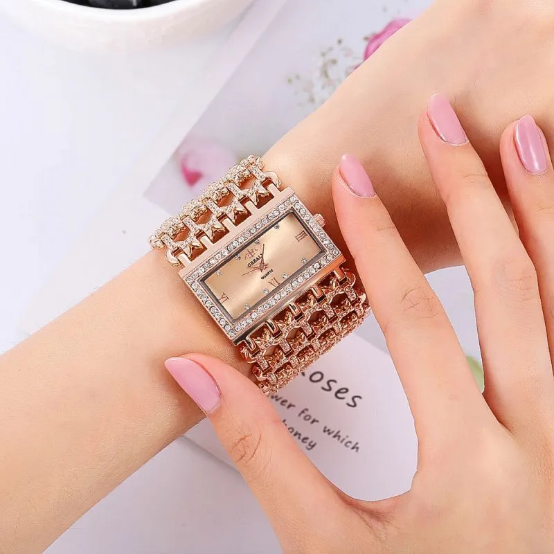 Unique Women Widening Hollow Metal Band Square Dial Plate Watch