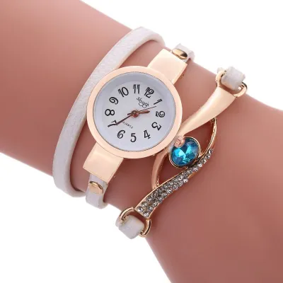 Shiny Rhinestone Decor PU Band Women Wrapped Bracelet Watch