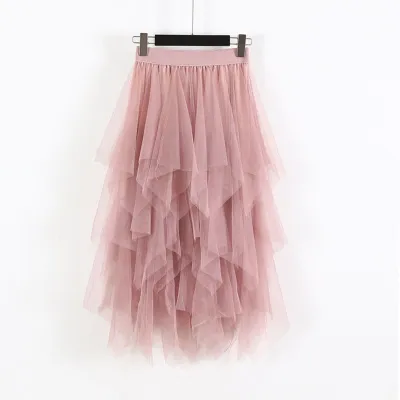 New Design Women Solid Color Irregular Multilayer Mesh Skirt